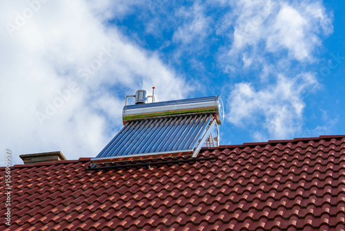 Solar water heater boiler on rooftop , the water tank is produced by stainless steel for durability.