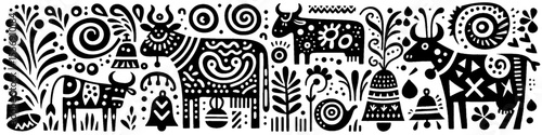 Hand‑Drawn Cattle Illustration, Tribal Farm Folk Art Pattern Vector for Livestock and Countryside Adventure Themes Design