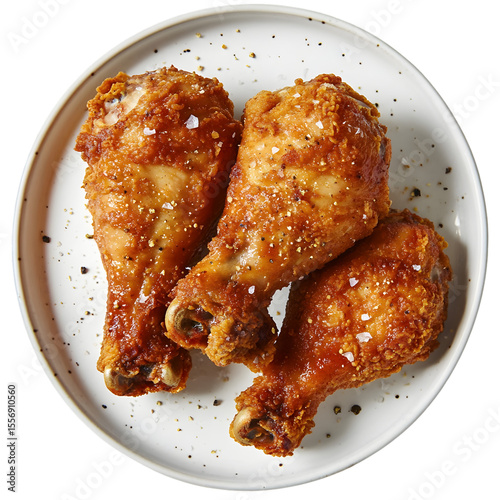 Three crispy chicken drumsticks in white plate, isolated on transparent background PNG photo