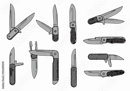 Vector Illustrations of Various Folding and Multi-Tool Knives in a Hand-drawn Style Set