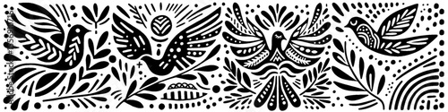Hand‑Drawn Pigeon and Dove Illustration, Tribal Peaceful Folk Art Pattern Vector for Nature and Harmony Adventure Themes Design