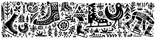 Hand‑Drawn Ice Skates Illustration, Tribal Winter Folk Art Pattern Vector for Holiday and Sport Adventure Themes Design