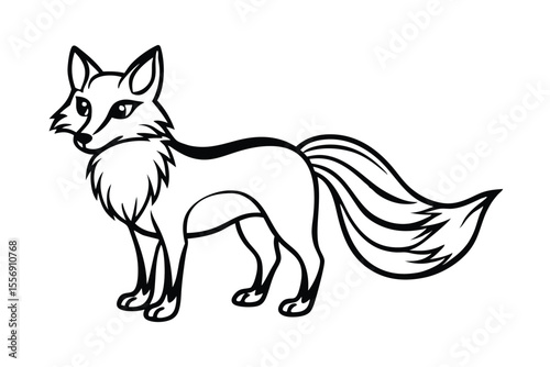 Cartoon fox with a bushy tail and pointed ears is standing attentively