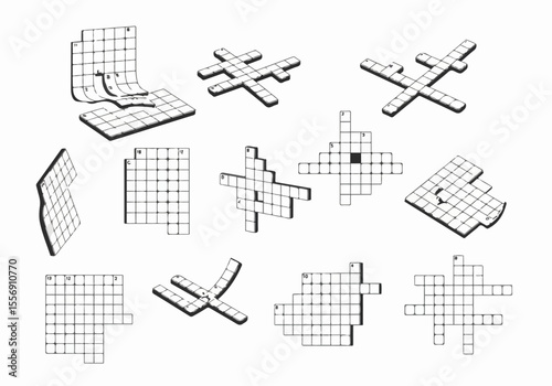 Collection of various crossword puzzle grid shapes and layouts in black and white illustration style.