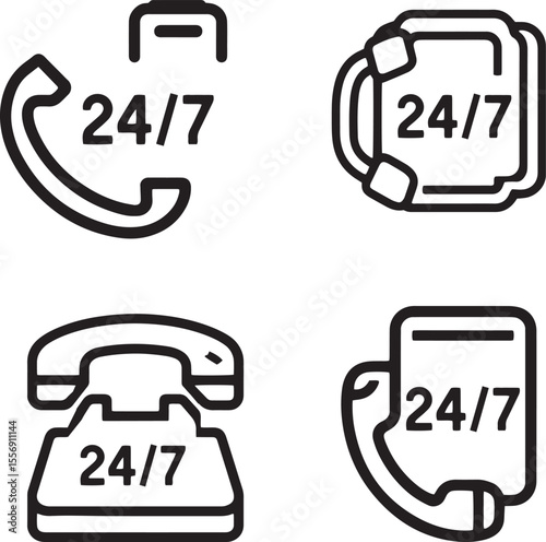 24'7 Customer Support Phone Icons Set. Line Style Communication Symbols Vector.