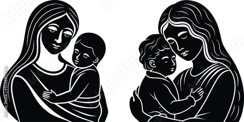 Mother and Child Vector Silhouette Art, Madonna and Child Black and White Icon, Loving Mother Holding Baby Illustration.