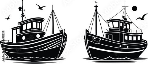 Fishing Boat Vector Illustration Retro Maritime Silhouette Art, Nautical Ship Clipart Fishing Vessel Drawing in Black and White, Sea Boat Vintage Graphic – Ocean Transport Silhouette Design.