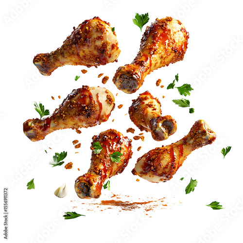 Falling crispy chicken drumsticks, isolated on transparent background PNG photo