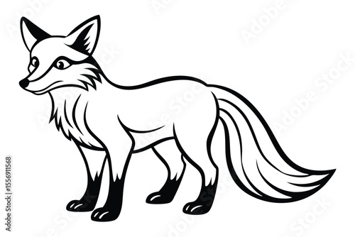 Isolated monochrome fox watches ahead with keen eyes and a long tail, elegantly outlined