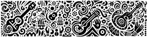 Hand‑Drawn Guitar and Music Illustration, Tribal Melodic Folk Art Pattern Vector for Musical and Festival Adventure Themes Design