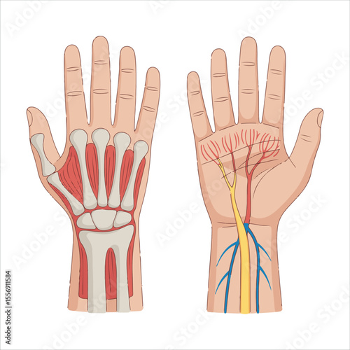 Anatomical illustration of human hand showing bones muscles nerves and blood vessels
