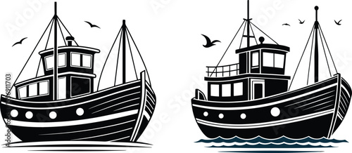Fishing Boat Vector Illustration Retro Maritime Silhouette Art, Nautical Ship Clipart Fishing Vessel Drawing in Black and White, Sea Boat Vintage Graphic – Ocean Transport Silhouette Design.