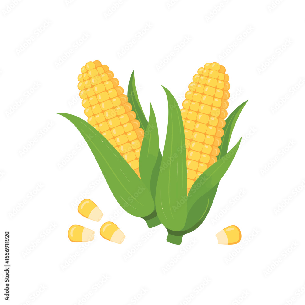 Obraz premium Vector illustration single and set of yellow corn in cartoon flat style. Cute corncob maize sign icon. Organic food, vegetables agriculture product. Restaurant menu concept