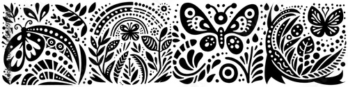 Hand‑Drawn Butterfly with Insect and Plant Elements Illustration, Tribal Garden Folk Art Pattern Vector for Nature and Springtime Theme Designs
