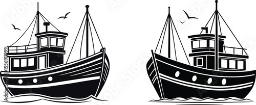 Fishing Boat Vector Illustration Retro Maritime Silhouette Art, Nautical Ship Clipart Fishing Vessel Drawing in Black and White, Sea Boat Vintage Graphic – Ocean Transport Silhouette Design.