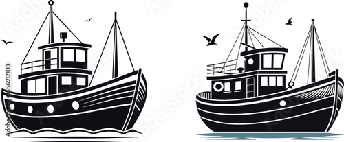 Fishing Boat Vector Illustration Retro Maritime Silhouette Art, Nautical Ship Clipart Fishing Vessel Drawing in Black and White, Sea Boat Vintage Graphic – Ocean Transport Silhouette Design.