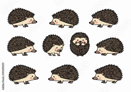 Collection of cute cartoon hedgehog illustrations in various poses, isolated on white background