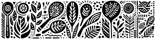 Hand‑Drawn Ladle and Vegetables Illustration, Tribal Kitchen Folk Art Pattern Vector for Cooking and Culinary Theme Designs
