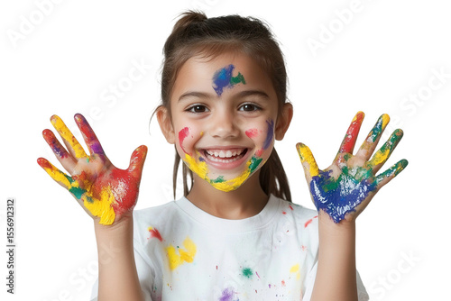 Happy girl with colorful painted hands and face smiling joyfully, showcasing creativity and artistic expression in a bright, cheerful environment