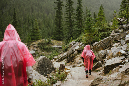Hikers in pink ponchos walk rocky trail in rainy Banff forest