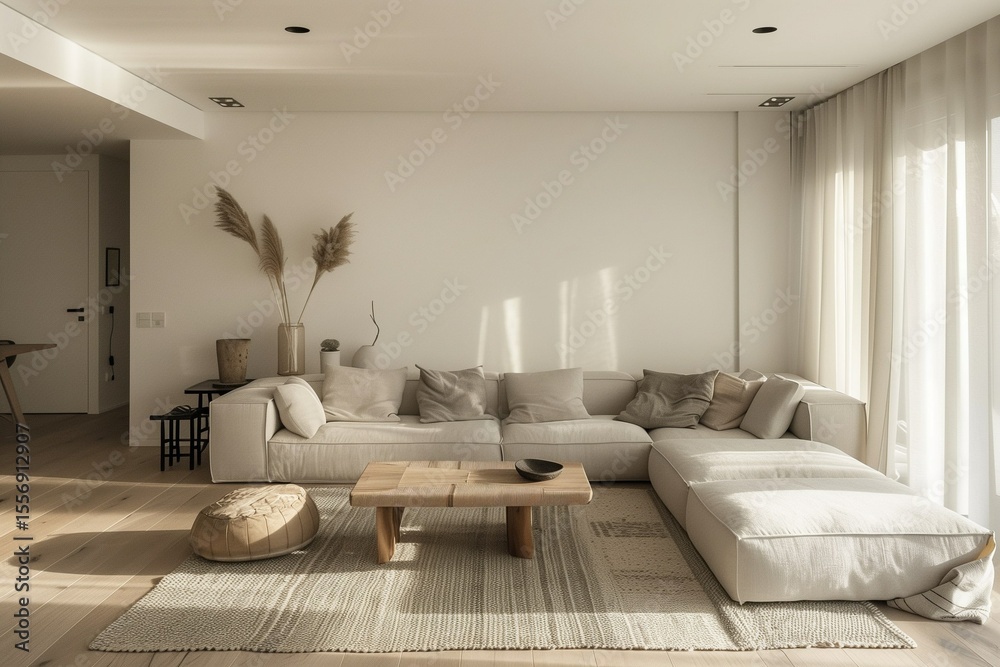 Sunlit modern minimalist living room with light wooden floor, neutral colors, clean furniture layout, Scandinavian design. Sunlit modern minimalist living room with light wooden floor, neutral colors, clean furniture layout, Scandinavian design.