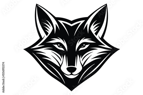 Striking fox head design features bold black lines against a stark white backdrop