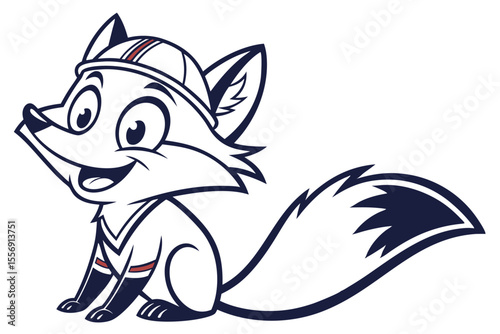 Cartoon fox mascot wearing team headgear and jersey with a happy facial expression