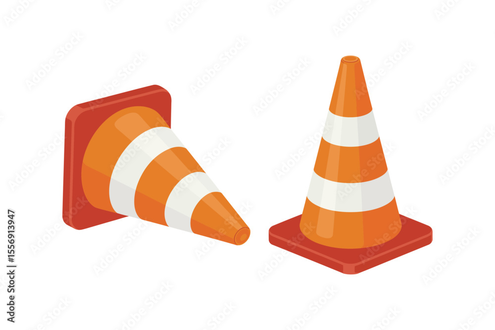 Vector illustration of plastic barrier and traffic cone and helm, construction and safety tool, white and orange traffic cone, red plastic barrier blocking pathway