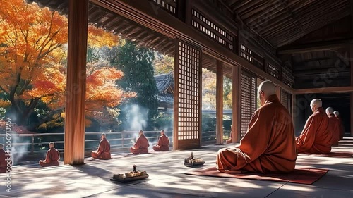 Autumn Meditation: Monks in Ancient Japanese Temple
