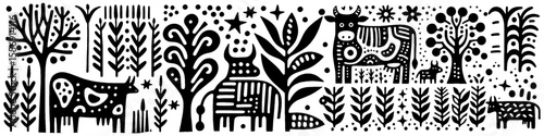 Hand‑Drawn Cattle Illustration, Tribal Farm Folk Art Pattern Vector for Agriculture and Livestock Theme Designs