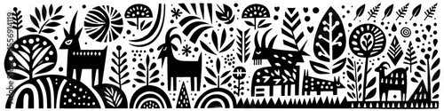 Hand‑Drawn Goat and Grass Illustration, Tribal Farm Folk Art Pattern Vector for Agriculture and Pastoral Theme Designs