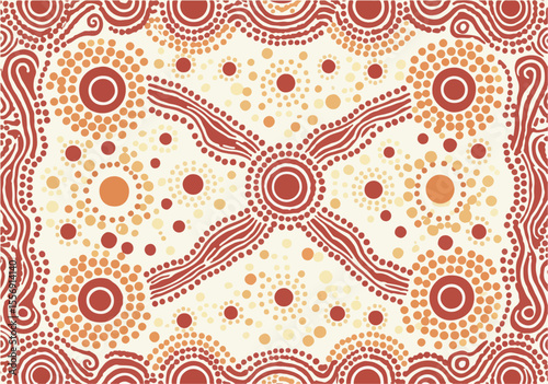 Traditional Aboriginal Abstract Dot Painting Pattern with Earth Tones and Cultural Symbols