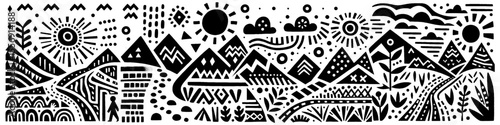Hand‑Drawn Mountain Illustration, Tribal Landscape Folk Art Pattern Vector for Nature and Adventure Theme Designs