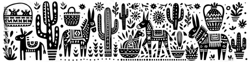 Hand‑Drawn Donkey and Cactus Illustration, Tribal Desert Folk Art Pattern Vector for Southwestern and Rural Theme Designs