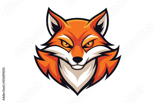 Vivid orange fox head mascot stares intently forward with focused and determined piercing golden eyes