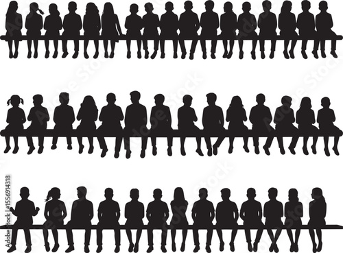 Children Sitting on Bench Silhouette on White Background vector illustration