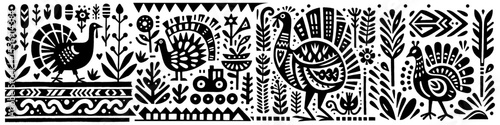 Hand‑Drawn Turkeys Illustration, Tribal Harvest Folk Art Vector for Farm Animal and Thanksgiving Celebration Themes Design