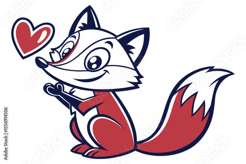 Cartoon fox smiles, presenting a floating heart symbol with its small paws with navy outlines