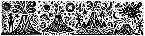 Hand‑Drawn Mountain and Volcano Illustration, Tribal Landscape Folk Art Vector for Nature, Adventure, and Geology Themes Design