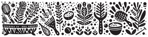 Hand‑Drawn Herbal Cuisine Illustration, Tribal Culinary Folk Art Pattern Vector for Organic Cooking and Kitchen Theme Designs