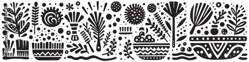 Hand‑Drawn Bowl and Vegetable Cuisine Illustration, Tribal Culinary Folk Art Pattern Vector for Healthy Food and Kitchen Theme Designs