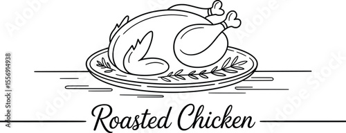 Roasted Chicken Line Art, Hand-Drawn Holiday Dinner Sketch Illustration.