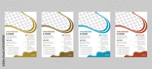 Colorful Modern Mission Vision Flyer Template Design Set — A4 Business Flyer in Yellow, Brown, Blue, and Red Perfect for Corporate Branding cover sat.