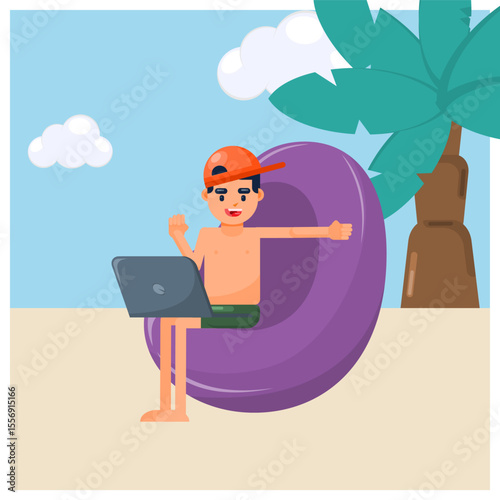 Flat Illustration Digital nomad man working in the beach with his laptop, deadline freelancer project