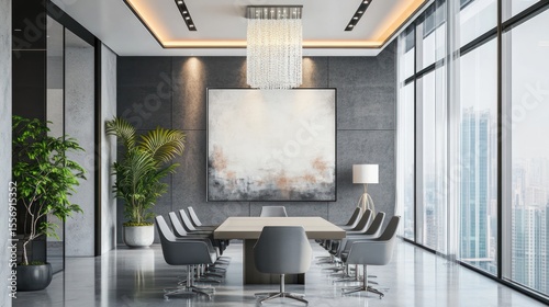 Modern conference room with city views