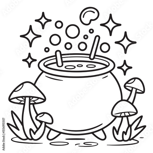 Boiling Halloween Cauldron with Mushrooms and Stars – Cute Spooky Line Art for Coloring Book Activities