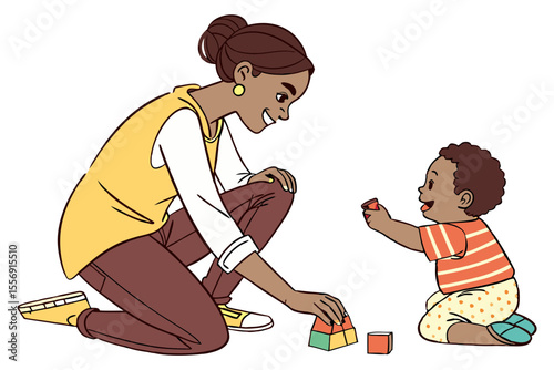 Mother and Toddler Playing Together on Floor Happily