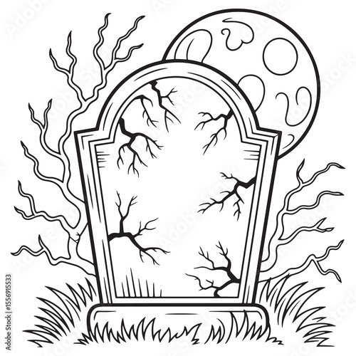 Gravestone with Moon and Leafless Trees – Spooky Halloween Graveyard Scene Line Art Vector for Kids