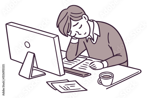Tired Man Asleep at Office Desk Overworked Illustration