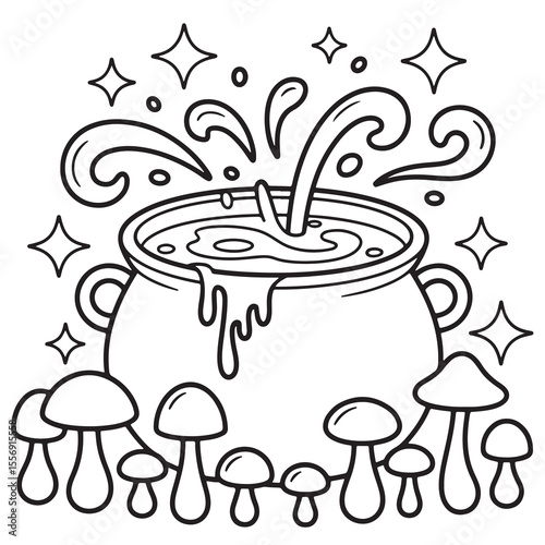 Boiling Witch’s Cauldron with Mushrooms and Stars – Halloween Potion Brewing Line Art Illustration for Coloring